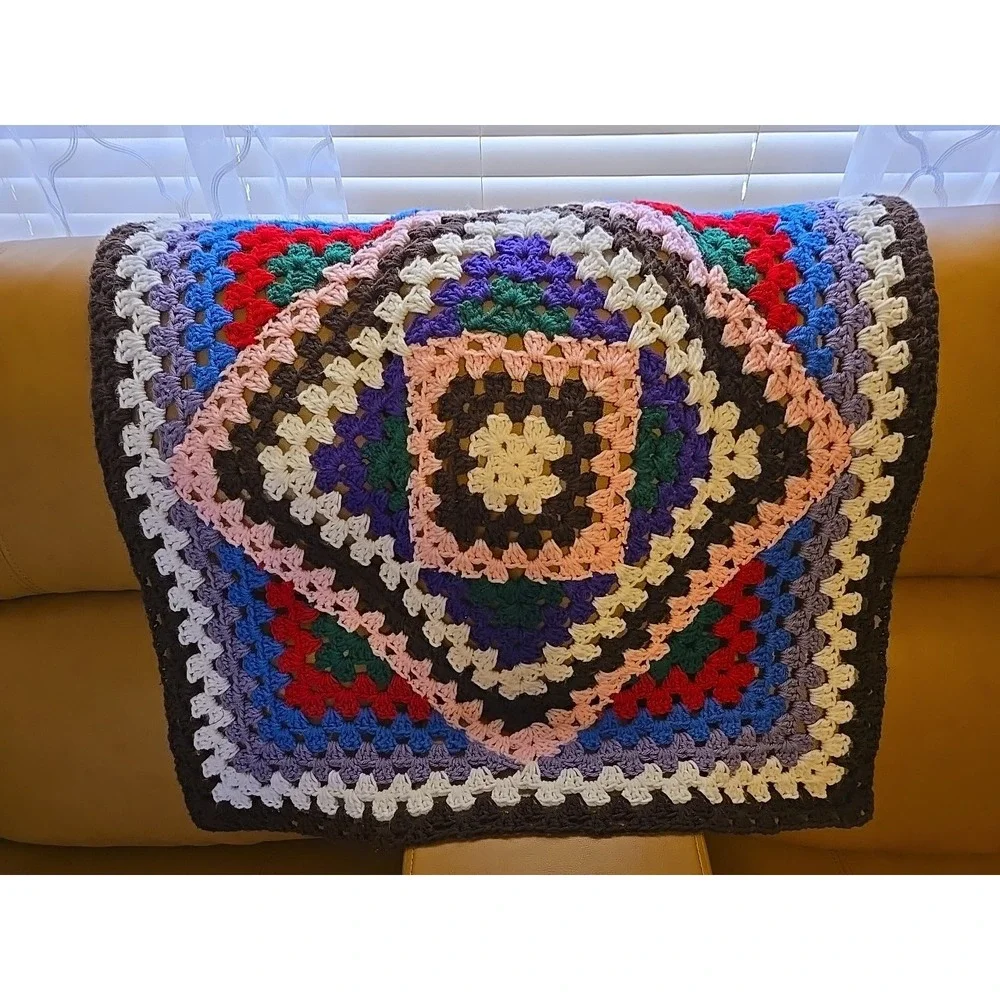 Vtg Handmade Granny‎ Square Crochet Afghan Blanket 30x29 Boho Multi-Color Retro